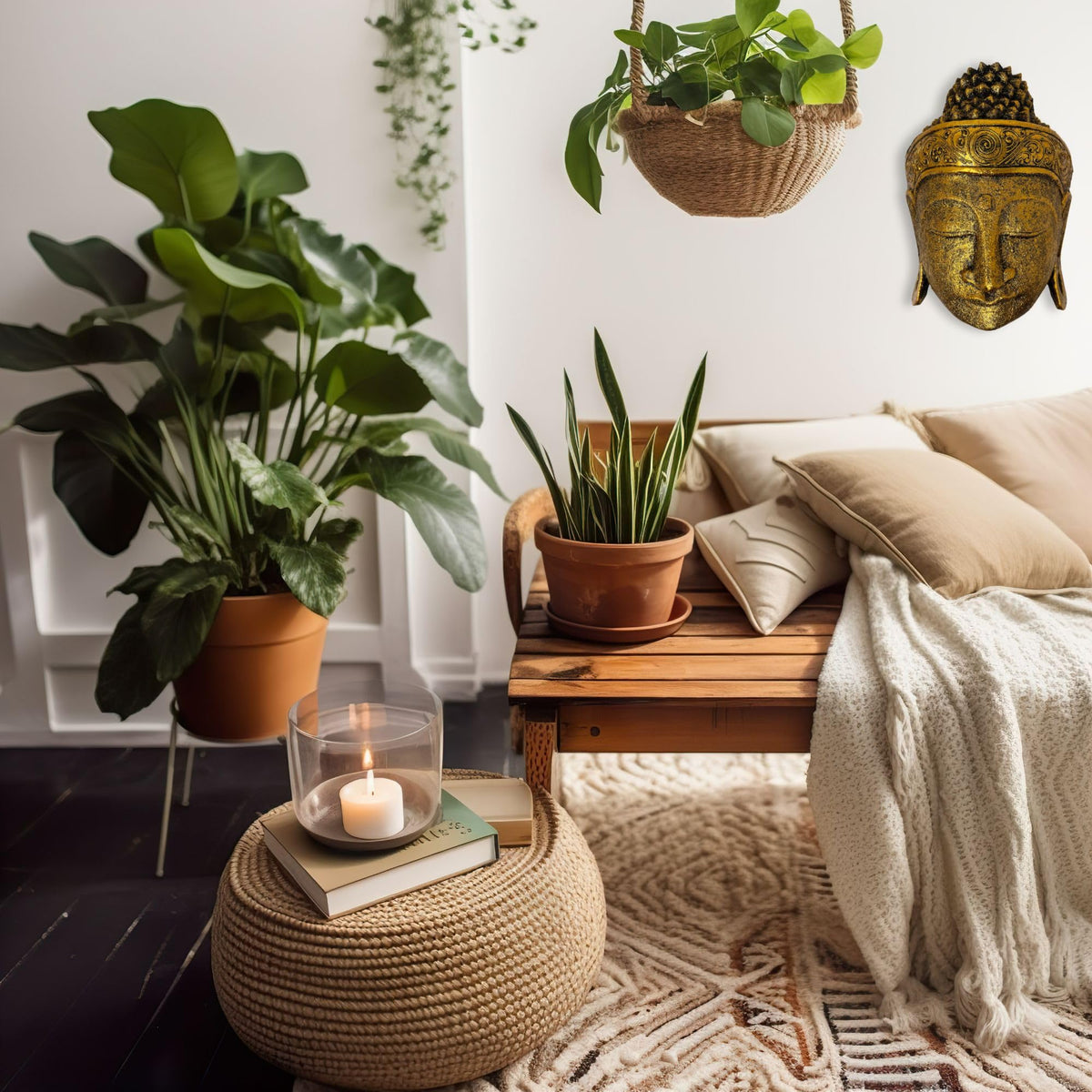 Dekorations- oder Anwendungsbeispiel: Gold-schwarze Buddha-Wandmaske mit geschlossenen Augen und verziertem Kopfband