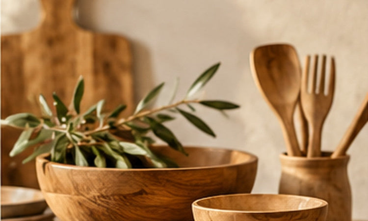 Küche und Tisch mit natürlichen Holzaccessoires