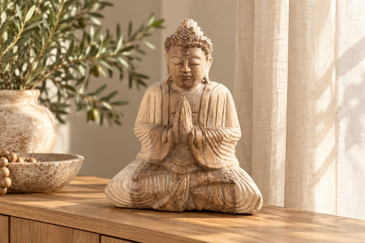 Buddhafiguren im natürlichen Wohnambiente mit warmem Licht