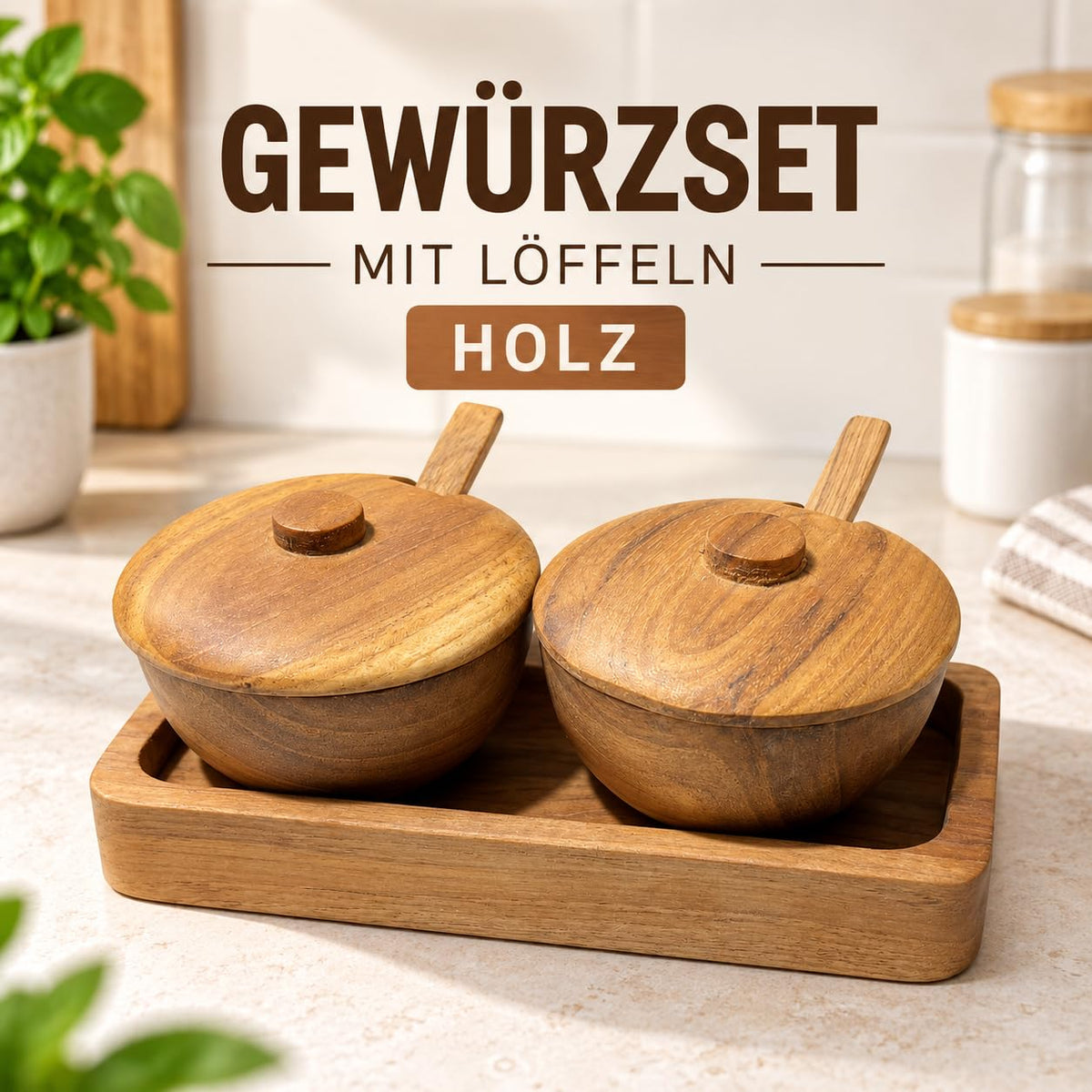 Produktgrafik: Zwei runde Teakholz-Gewürzschalen mit Deckeln und Löffeln auf einem Holztablett