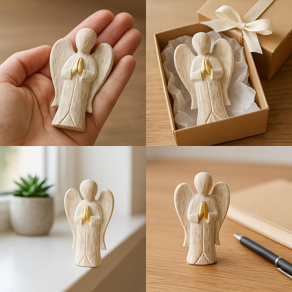 Weißer Holzengel in einer Hand, als Geschenk verpackt und als Tischdekoration