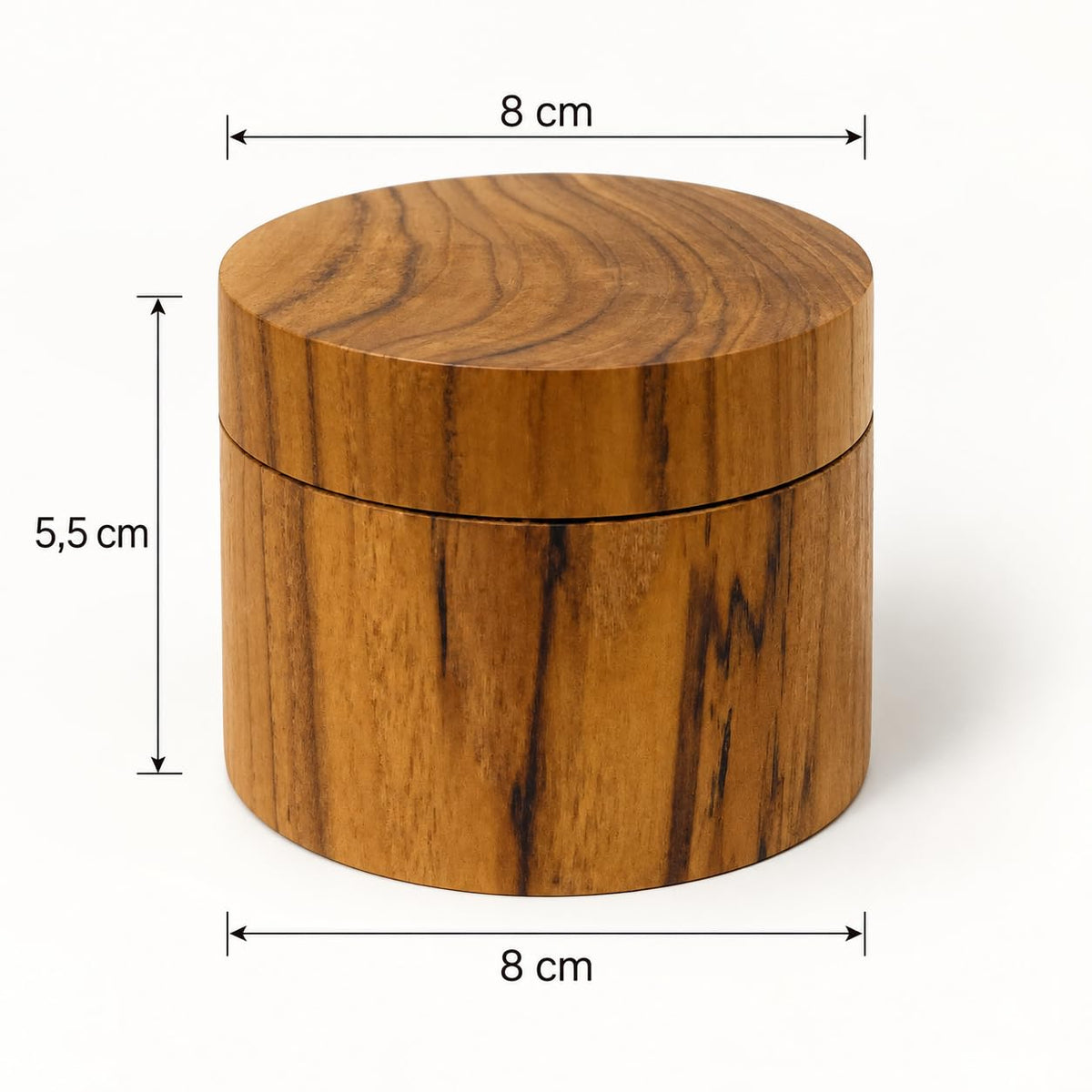 Maßgrafik der kleinen Teakholz-Dose: 8 cm breit und 5,5 cm hoch
