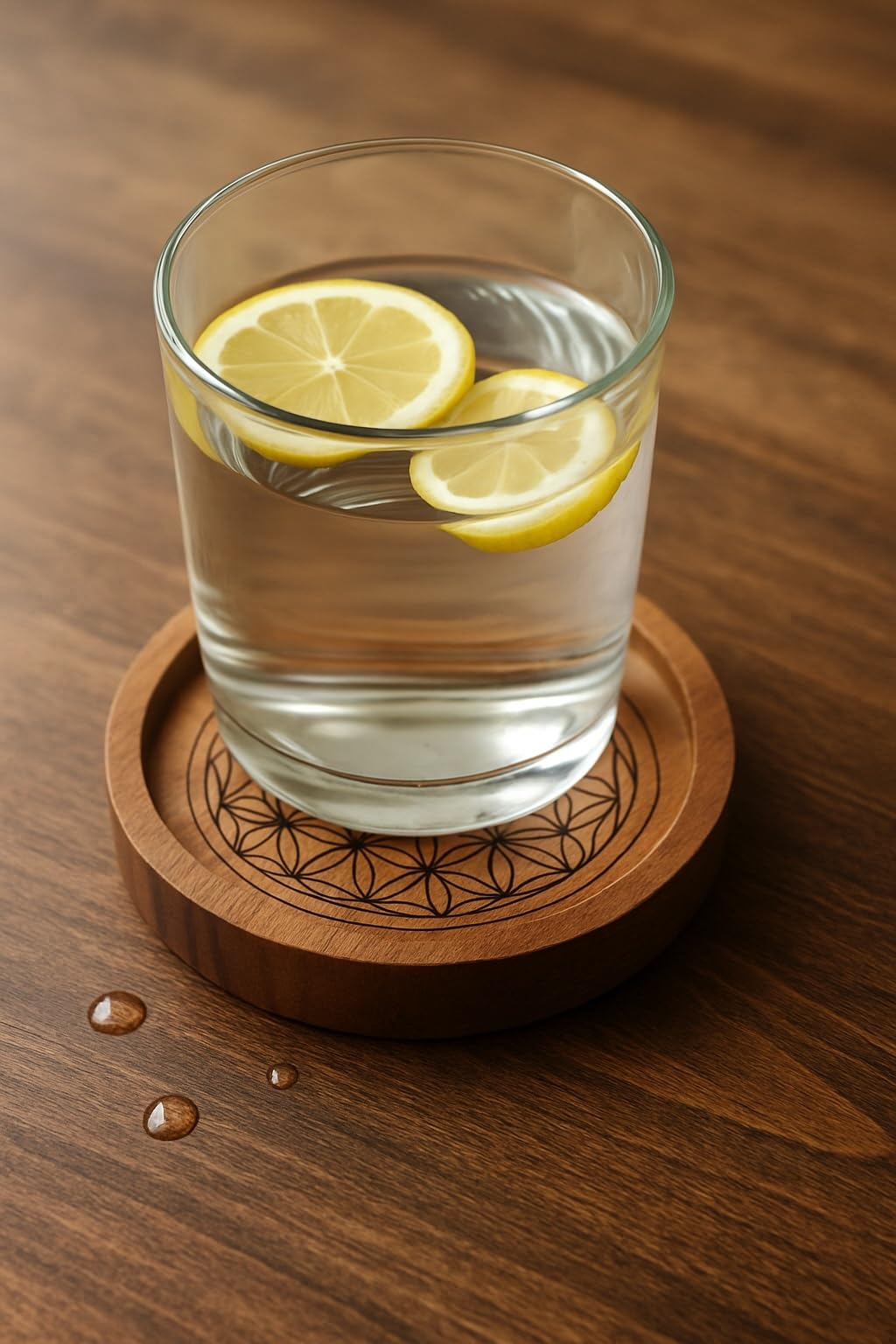 Glas mit Zitronenwasser auf einem Mangoholz-Untersetzer mit Lebensblumen-Gravur