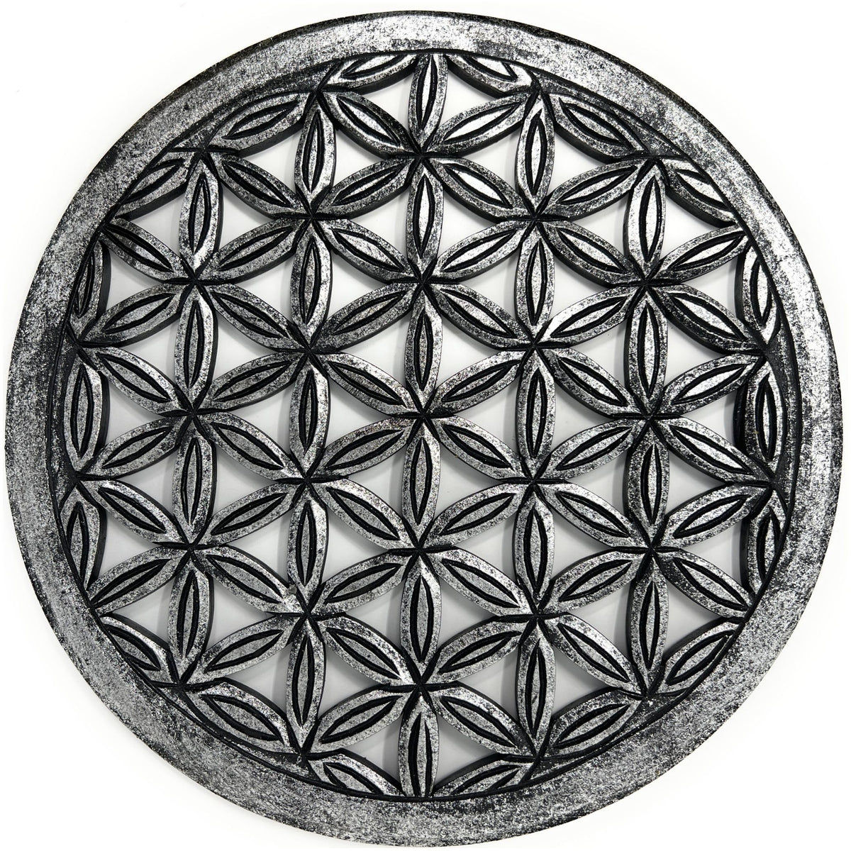 Silberfarbenes Blume-des-Lebens-Wandbild mit dunklem geometrischem Muster