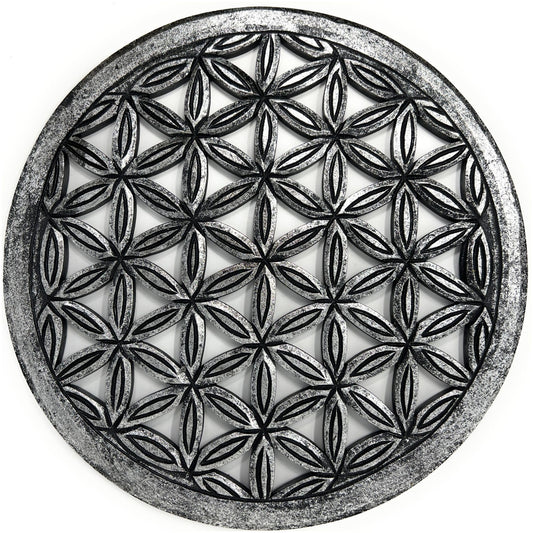 Silberfarbenes Blume-des-Lebens-Wandbild mit dunklem geometrischem Muster