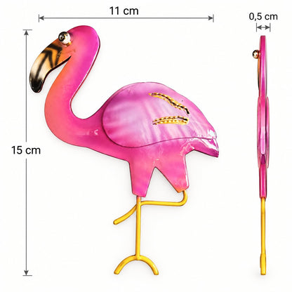 Maßgrafik: Pinker Flamingomagnet aus Metall mit gelben Beinen