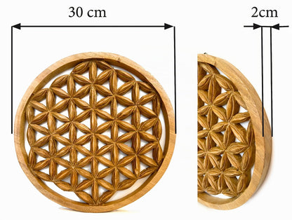 Maßgrafik des Blume-des-Lebens-Wandbilds aus Holz: 30 cm Durchmesser und 2 cm Tiefe