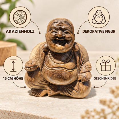 Lächelnde sitzende Buddhafigur aus Akazienholz mit rundem Bauch