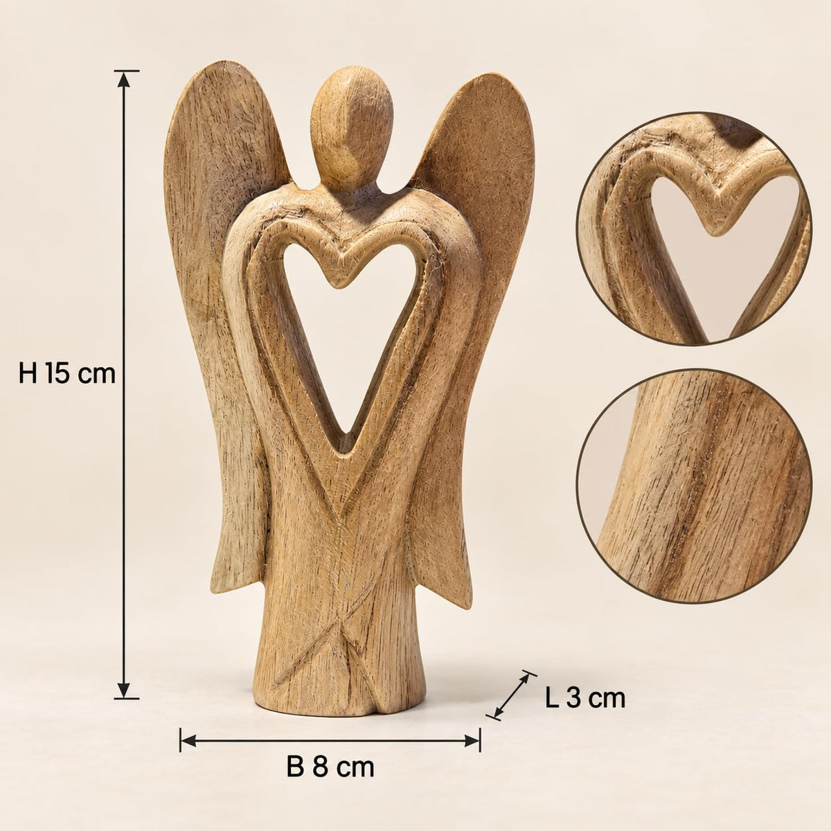 Maßgrafik: Holzengelfigur mit herzförmiger Aussparung