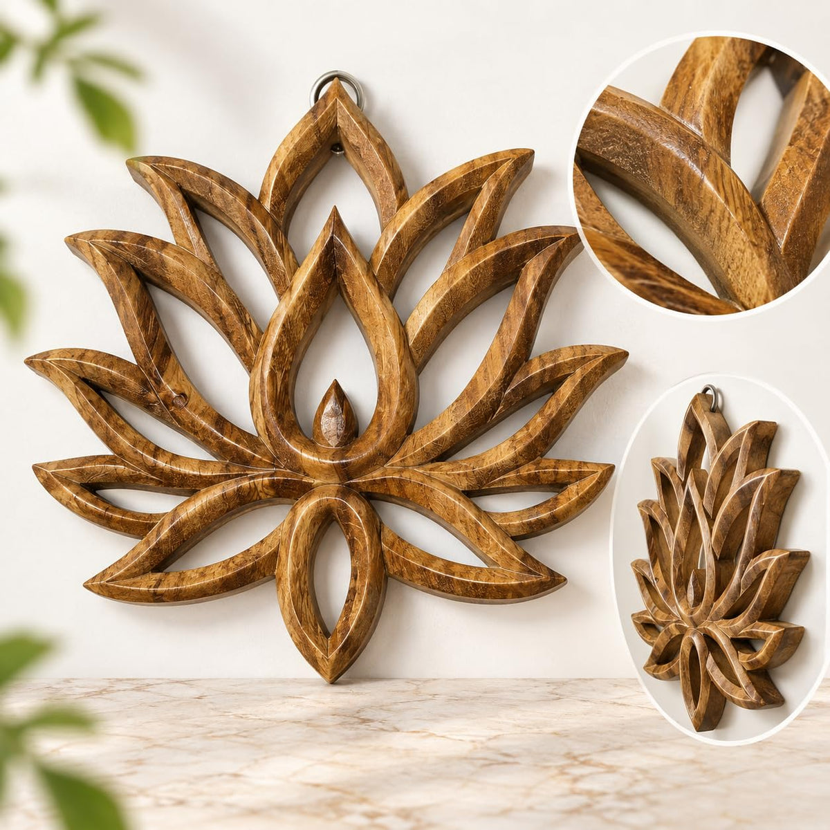Detailansicht: Lotusblüten-Wandbild aus Akazienholz mit durchbrochenem Relief