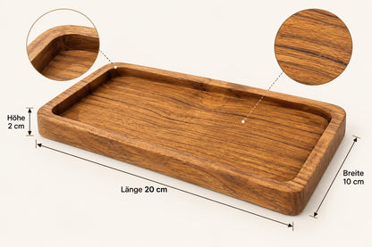 Maßgrafik eines rechteckigen Teakholz-Servierbretts: 20 cm lang, 10 cm breit und 2 cm hoch