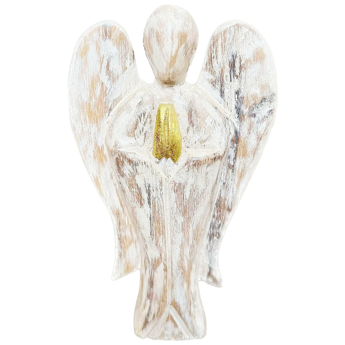 Weiße Holzengelfigur mit goldfarbenem Detail vor der Brust