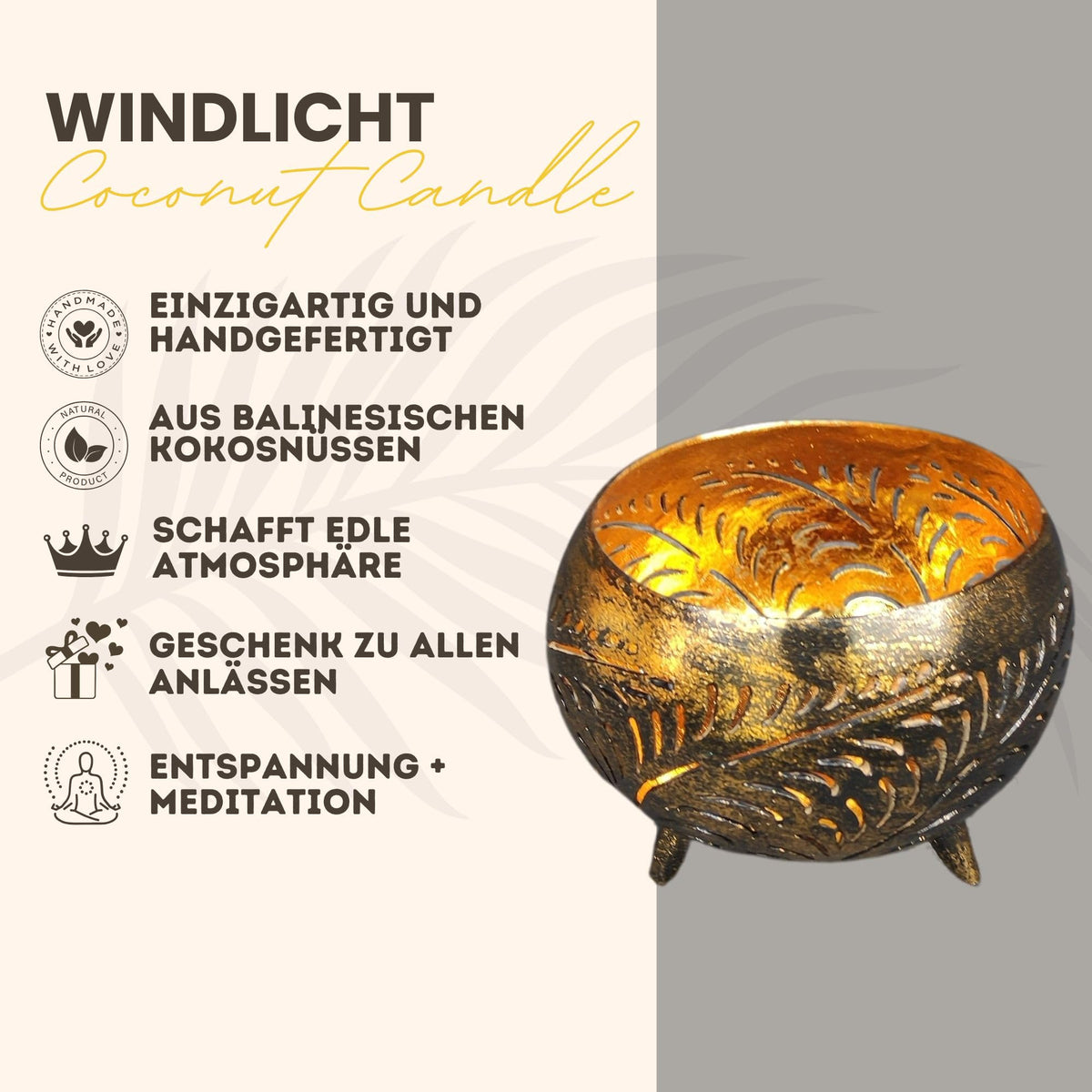 Produktgrafik: Schwarzes Kokosschalen-Windlicht mit Blattmuster und goldfarbener Innenseite
