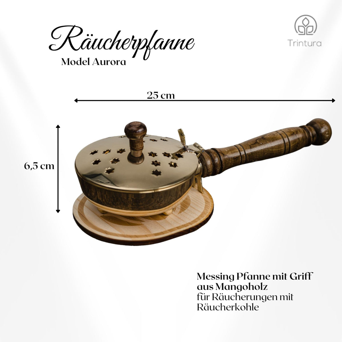 Maßgrafik: Goldfarbene Räucherpfanne mit Holzgriff und durchbrochenem Deckel