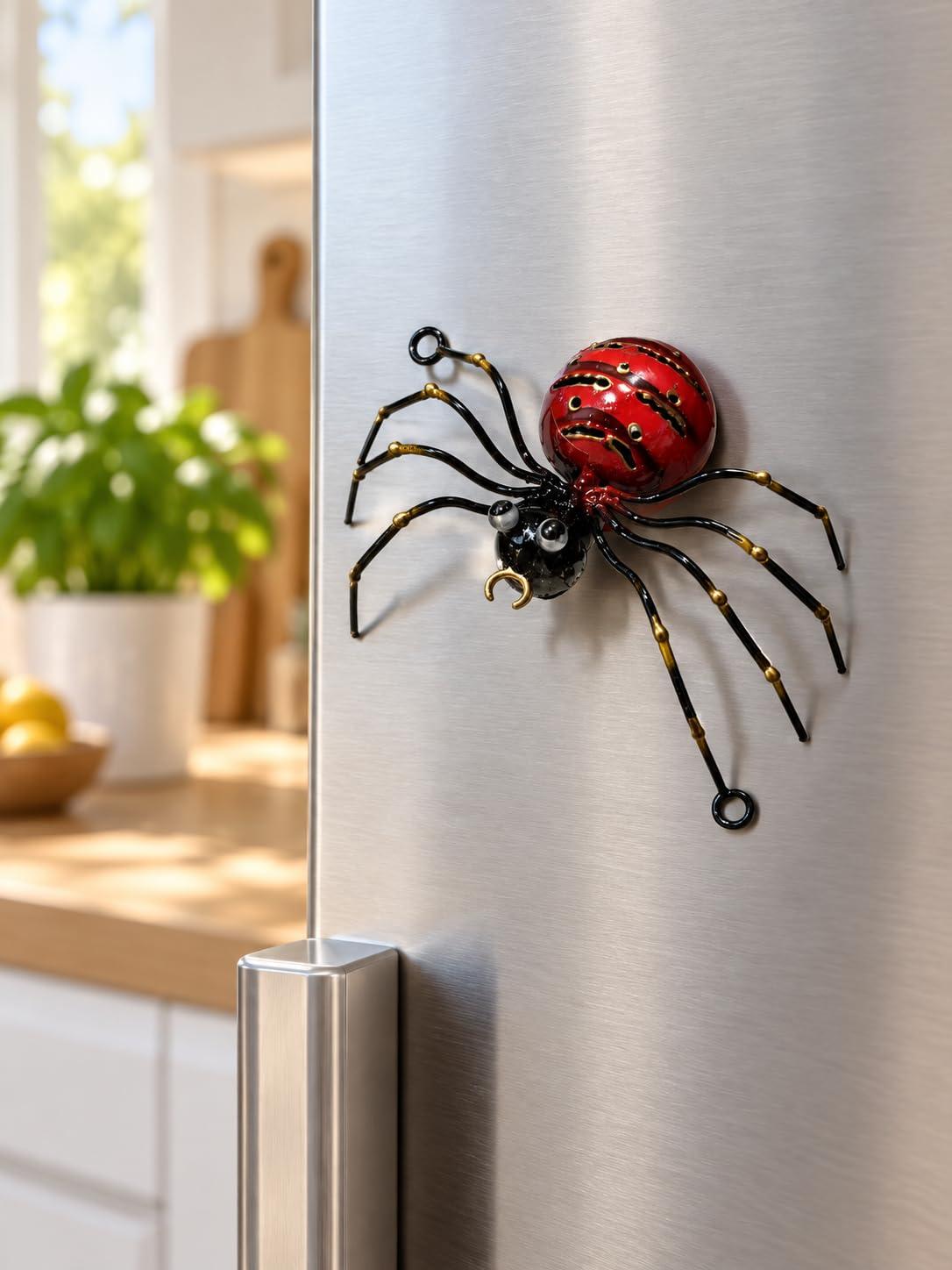 Rote Metallspinne an einer Kühlschranktür
