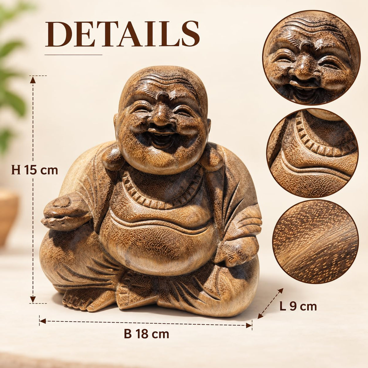 Maßgrafik der lächelnden Buddhafigur: 15 cm hoch, 18 cm breit und 9 cm tief