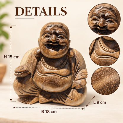 Maßgrafik der lächelnden Buddhafigur: 15 cm hoch, 18 cm breit und 9 cm tief