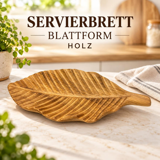 Produktgrafik: Blattförmiges Servierbrett aus Teakholz mit Griff und Blattadern-Relief