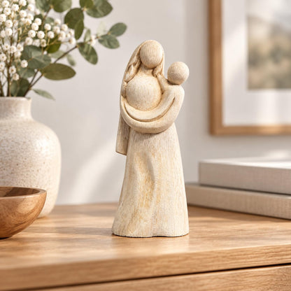 Dekorations- oder Anwendungsbeispiel: Helle Holzfigur mit Maria und einem Kind auf dem Arm