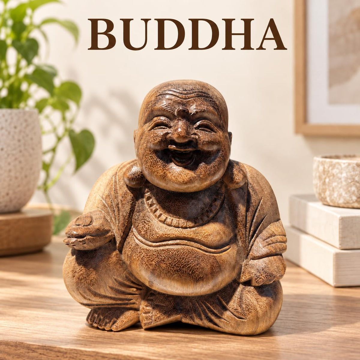 Produktgrafik: Lächelnde sitzende Buddhafigur aus Akazienholz mit rundem Bauch