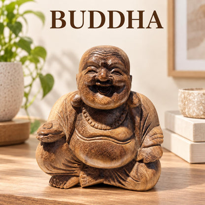 Produktgrafik: Lächelnde sitzende Buddhafigur aus Akazienholz mit rundem Bauch