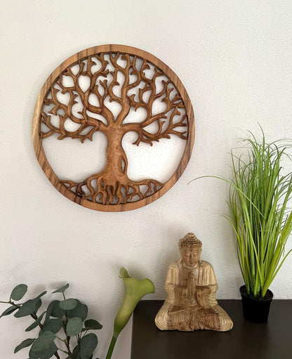 Dekorations- oder Anwendungsbeispiel: Rundes Baum-des-Lebens-Wandbild aus Akazienholz mit fein verzweigten Ästen