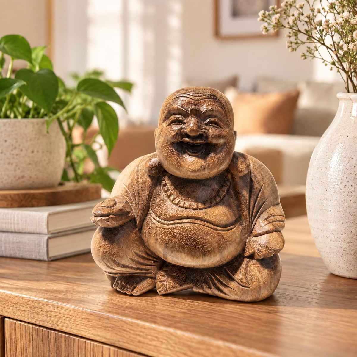 Dekorations- oder Anwendungsbeispiel: Lächelnde sitzende Buddhafigur aus Akazienholz mit rundem Bauch