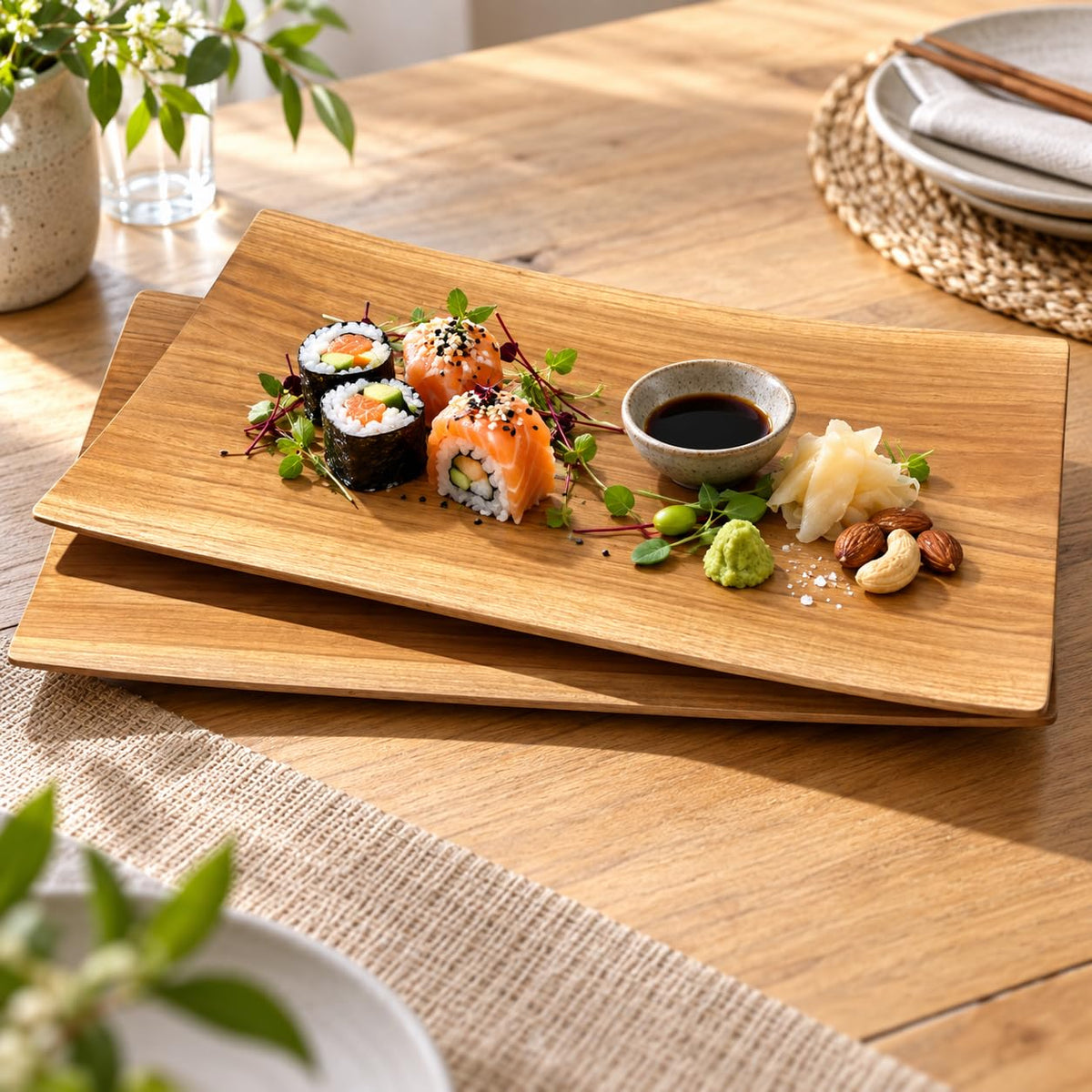 Sushi mit Beilagen und Sojaschale auf einem Teakholz-Servierbrett