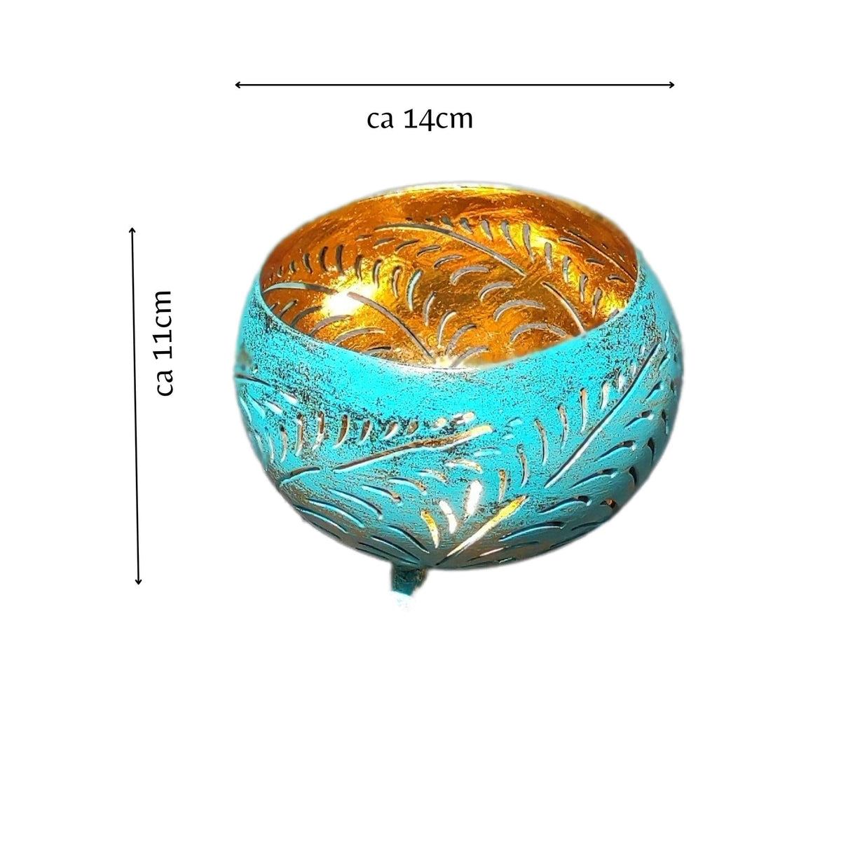 Maßgrafik: Türkisfarbenes Kokosschalen-Windlicht mit Blattmuster und goldfarbener Innenseite