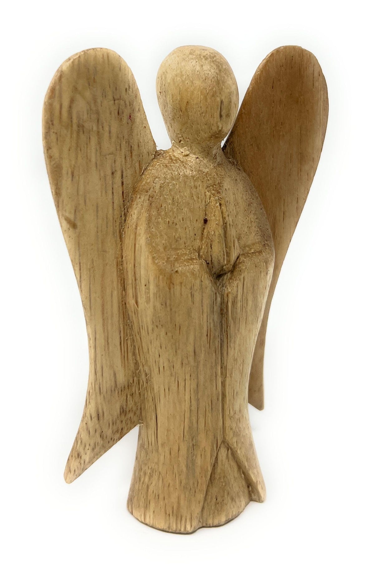 Naturfarbene Holzengelfigur mit Flügeln und gefalteten Händen
