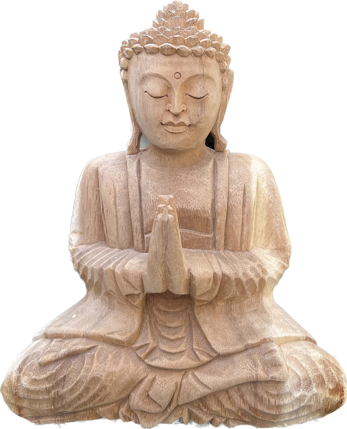 Sitzende Buddhafigur aus Akazienholz mit vor der Brust gefalteten Händen
