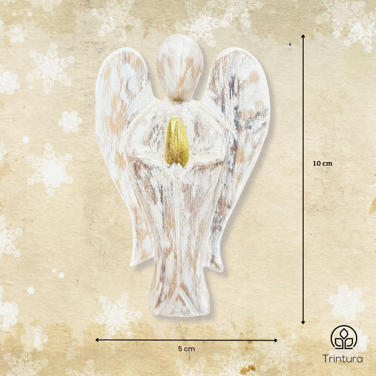 Maßgrafik: Weiße Holzengelfigur mit goldfarbenem Detail vor der Brust