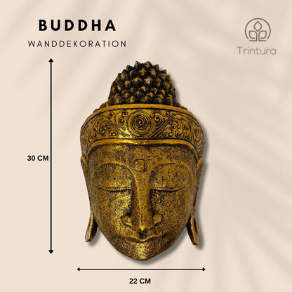 Maßgrafik: Gold-schwarze Buddha-Wandmaske mit geschlossenen Augen und verziertem Kopfband