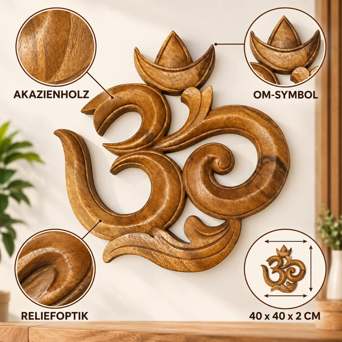 Detailansicht: OM-Wandbild aus Akazienholz in der 40-cm-Ausführung