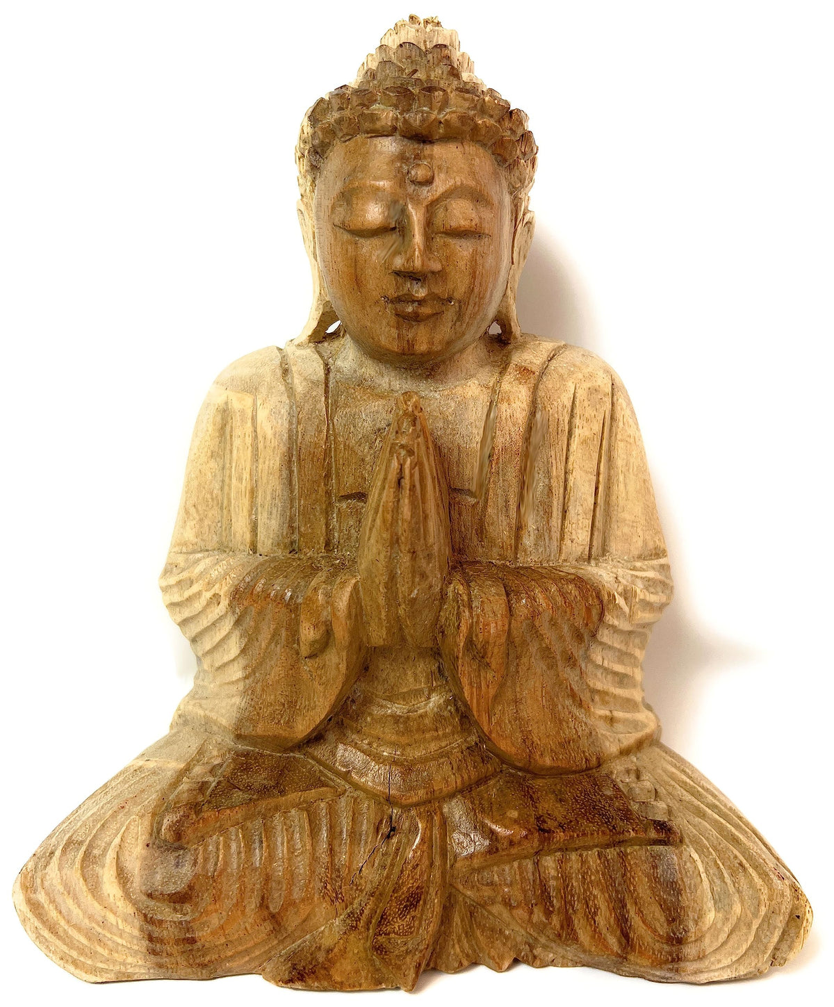 Sitzende Buddhafigur aus Akazienholz mit vor der Brust gefalteten Händen