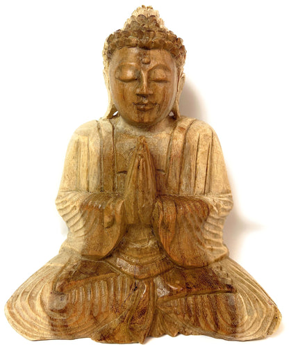 Sitzende Buddhafigur aus Akazienholz mit vor der Brust gefalteten Händen