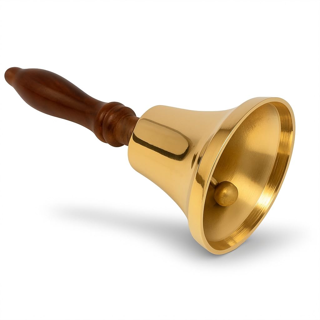 Liegende Messing-Handglocke mit dunkelbraunem Holzgriff