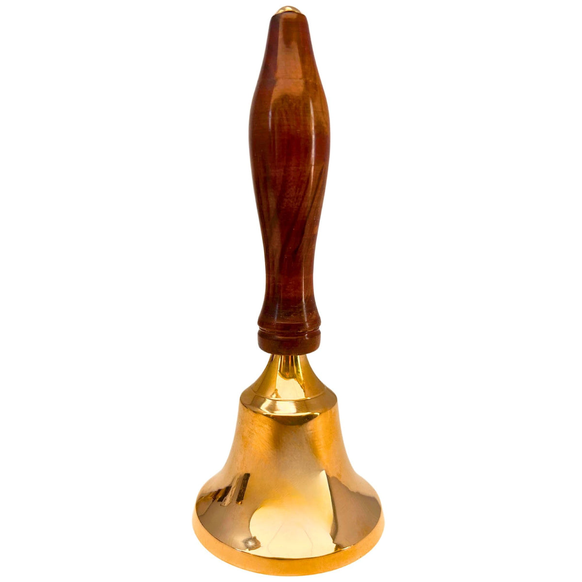 Aufrecht stehende Messing-Handglocke mit dunkelbraunem Holzgriff