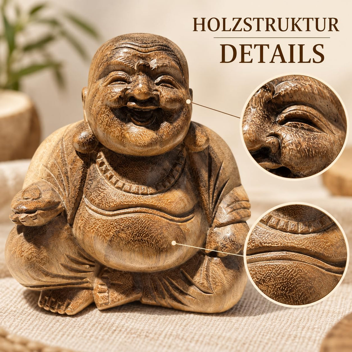 Detailansicht: Lächelnde sitzende Buddhafigur aus Akazienholz mit rundem Bauch
