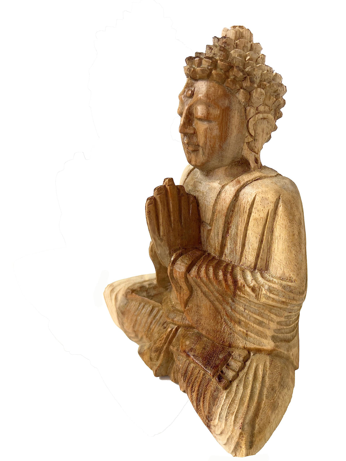 Seitenansicht der sitzenden Holz-Buddhafigur mit gefalteten Händen