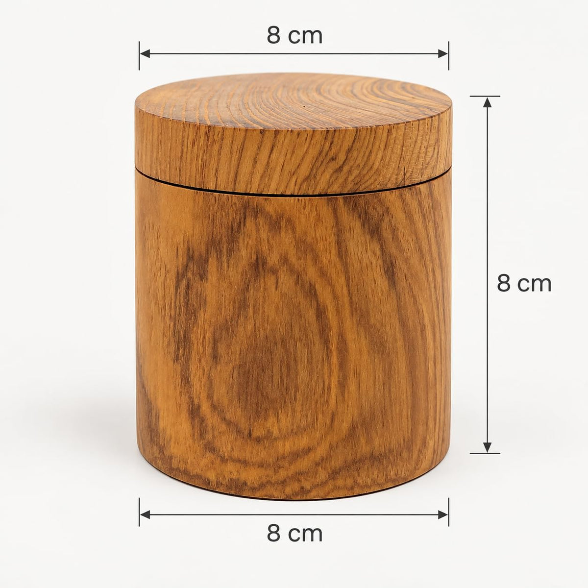 Maßgrafik der hohen Teakholz-Dose: 8 cm breit und 8 cm hoch