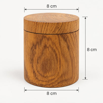 Maßgrafik der hohen Teakholz-Dose: 8 cm breit und 8 cm hoch