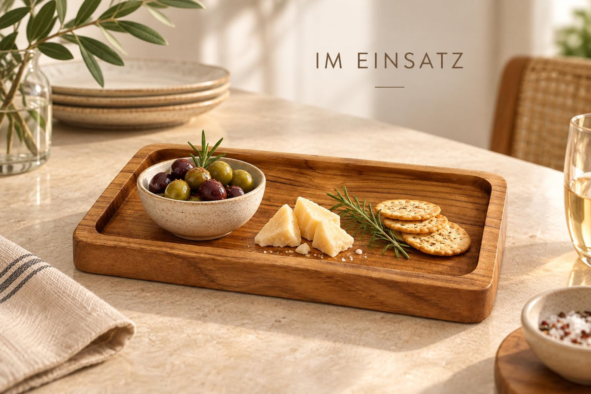 Käse, Cracker und eine Schale mit Oliven auf einem rechteckigen Teakholz-Servierbrett