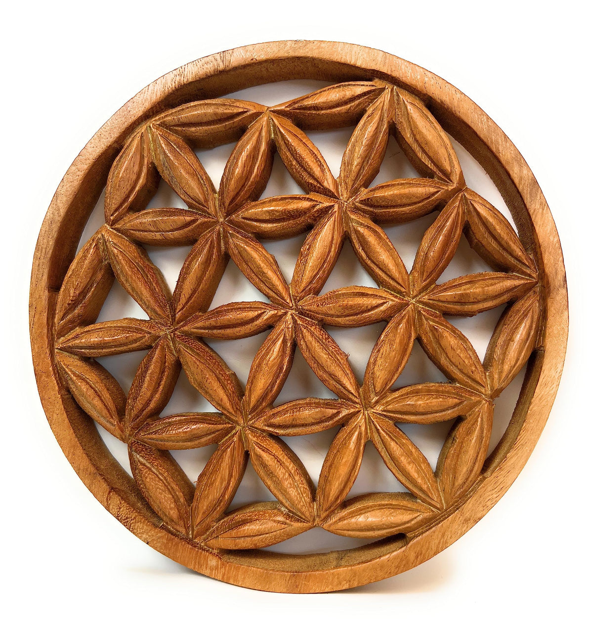 Rundes Blume-des-Lebens-Wandbild aus Akazienholz mit geschnitztem geometrischem Muster