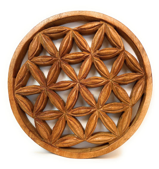 Rundes Blume-des-Lebens-Wandbild aus Akazienholz mit geschnitztem geometrischem Muster