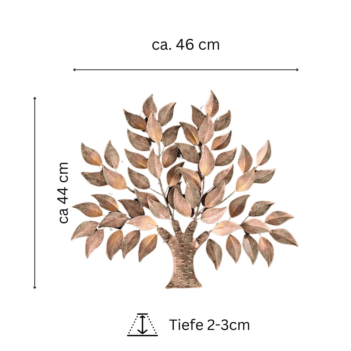 Maßgrafik: Lebensbaum-Wanddekoration aus Metall mit bronzefarbenen Blättern