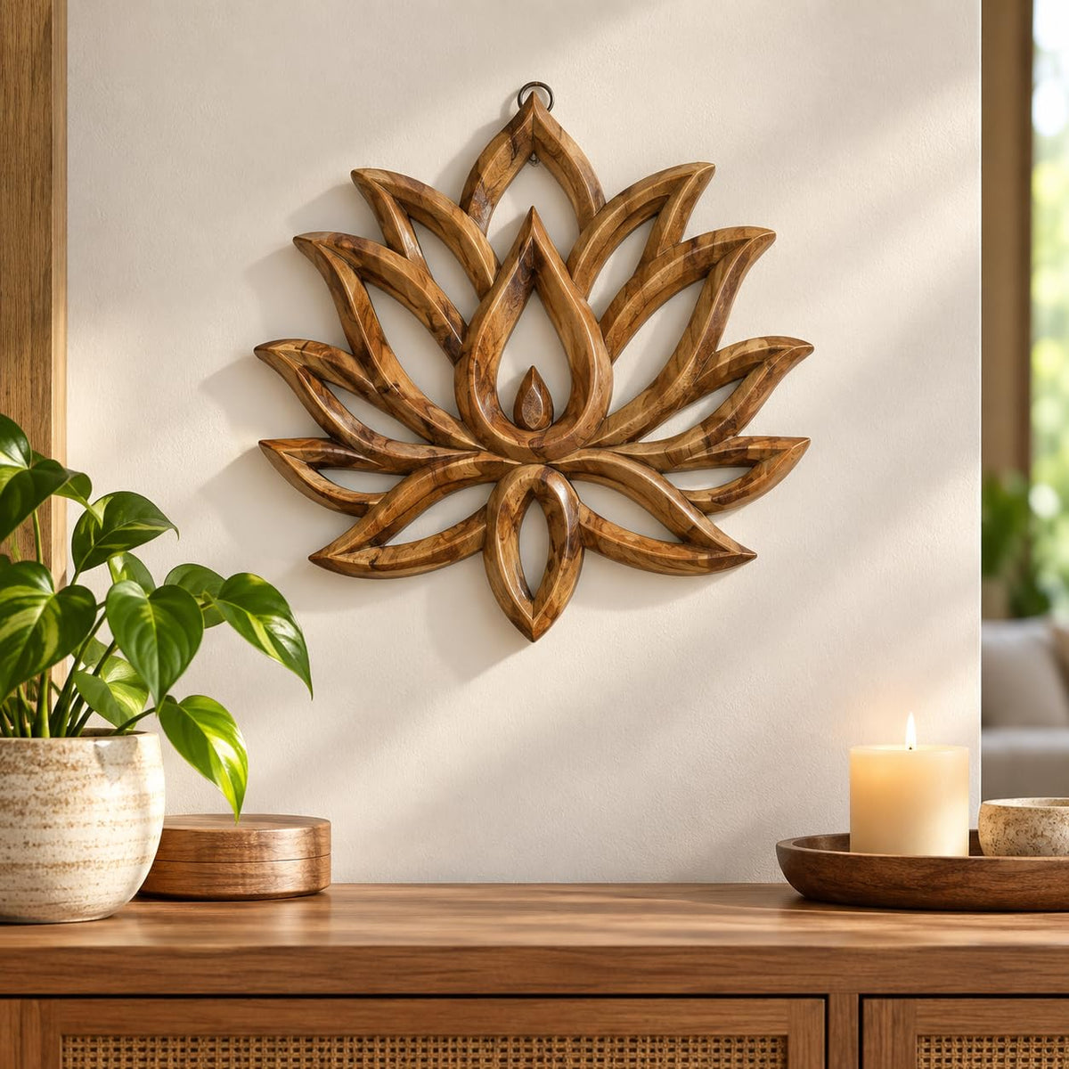 Dekorations- oder Anwendungsbeispiel: Lotusblüten-Wandbild aus Akazienholz mit durchbrochenem Relief