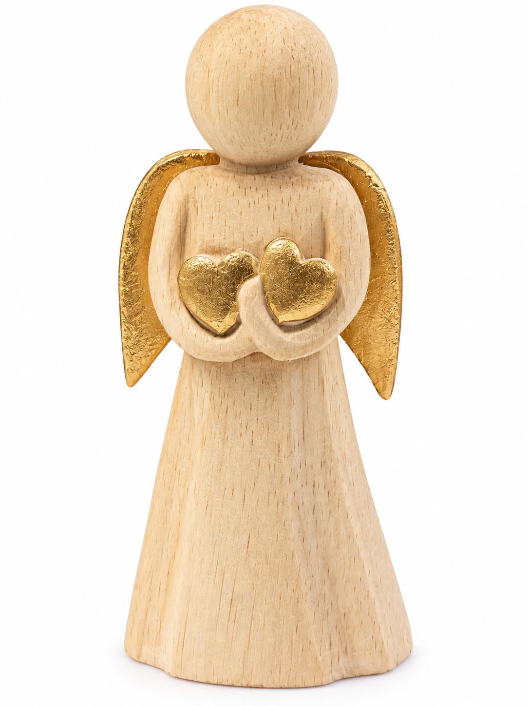Helle Engelfigur aus Holz mit zwei goldfarbenen Herzen und goldfarbenen Flügeln