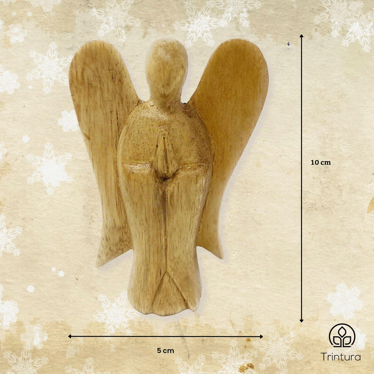 Maßgrafik: Naturfarbene Holzengelfigur mit Flügeln und gefalteten Händen