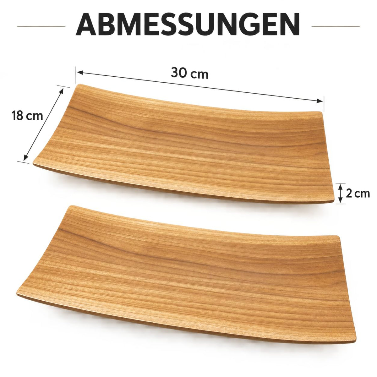 Maßgrafik zweier Sushi-Servierbretter: jeweils 30 cm lang, 18 cm breit und 2 cm hoch